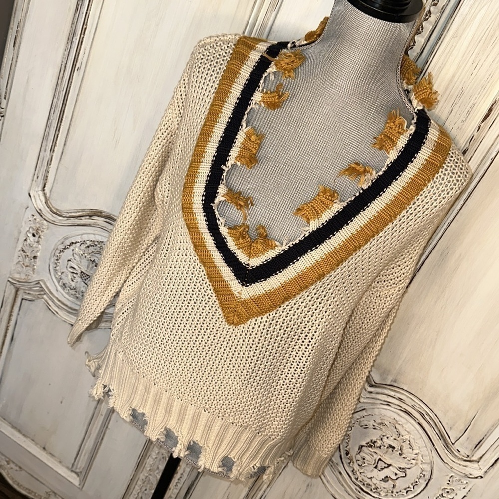 Elan Deep V Neck Distressed Preppy Open Knit Gold Black Cream Pullover Sweater - Picture 3 of 13